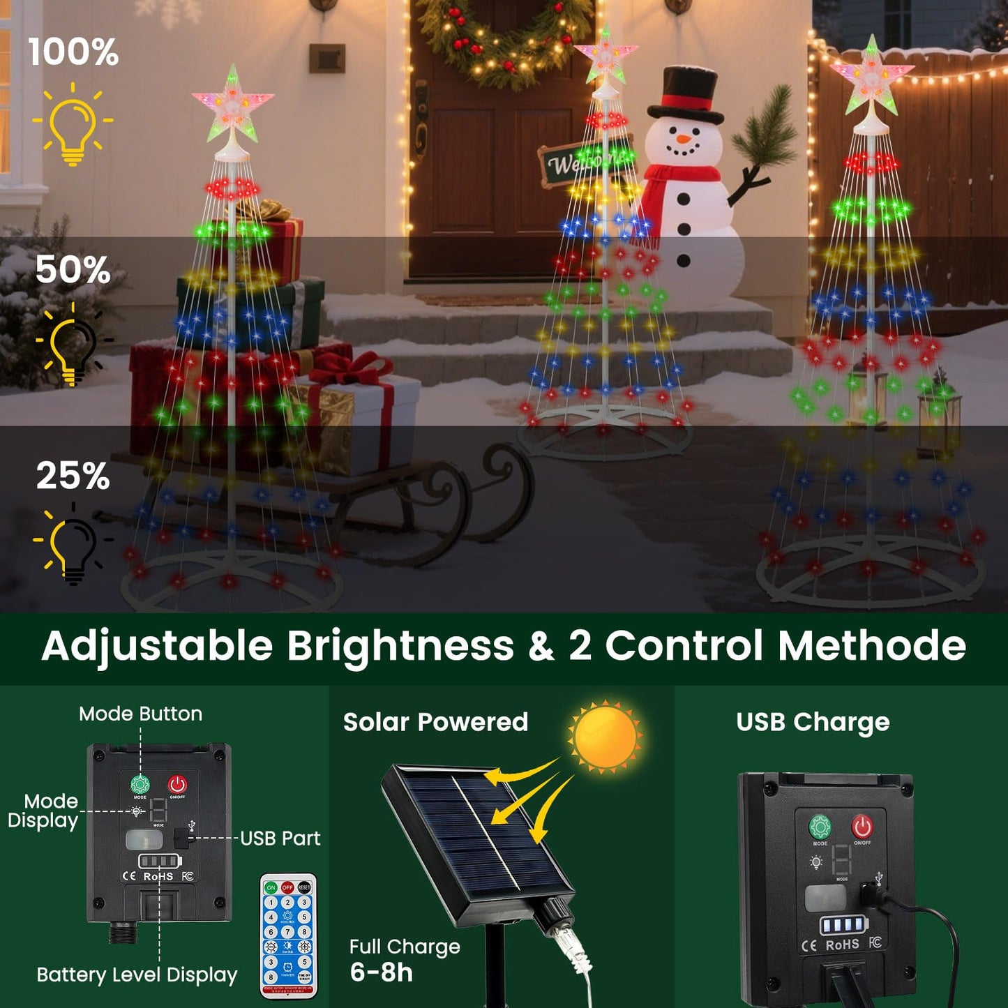 IDEAALS 4FT 118LED Outdoor Solar Christmas Cone Tree Lights, 8 Modes Timer Remote RGB Christmas Tree Lights with Star Topper for Xmas Yard Porch Patio Holiday Decor