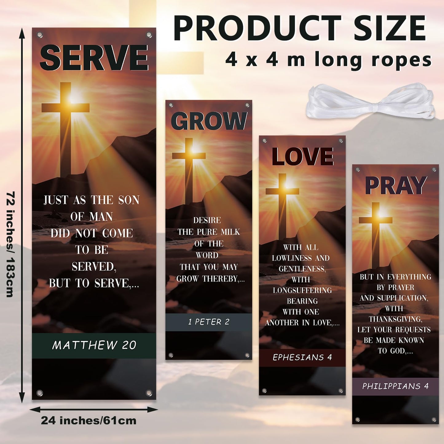 4Pcs Easter Church Banners for Sanctuary Wall Welcome Religious Banner Easter Serve Grow Love Pray Hanging Backdrop Cross Sunset Church Signs Scripture Bible Verse Banner for Christian School Decor