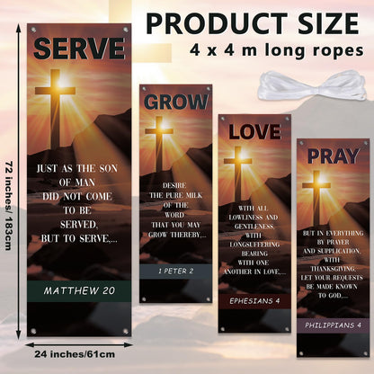 4Pcs Easter Church Banners for Sanctuary Wall Welcome Religious Banner Easter Serve Grow Love Pray Hanging Backdrop Cross Sunset Church Signs Scripture Bible Verse Banner for Christian School Decor