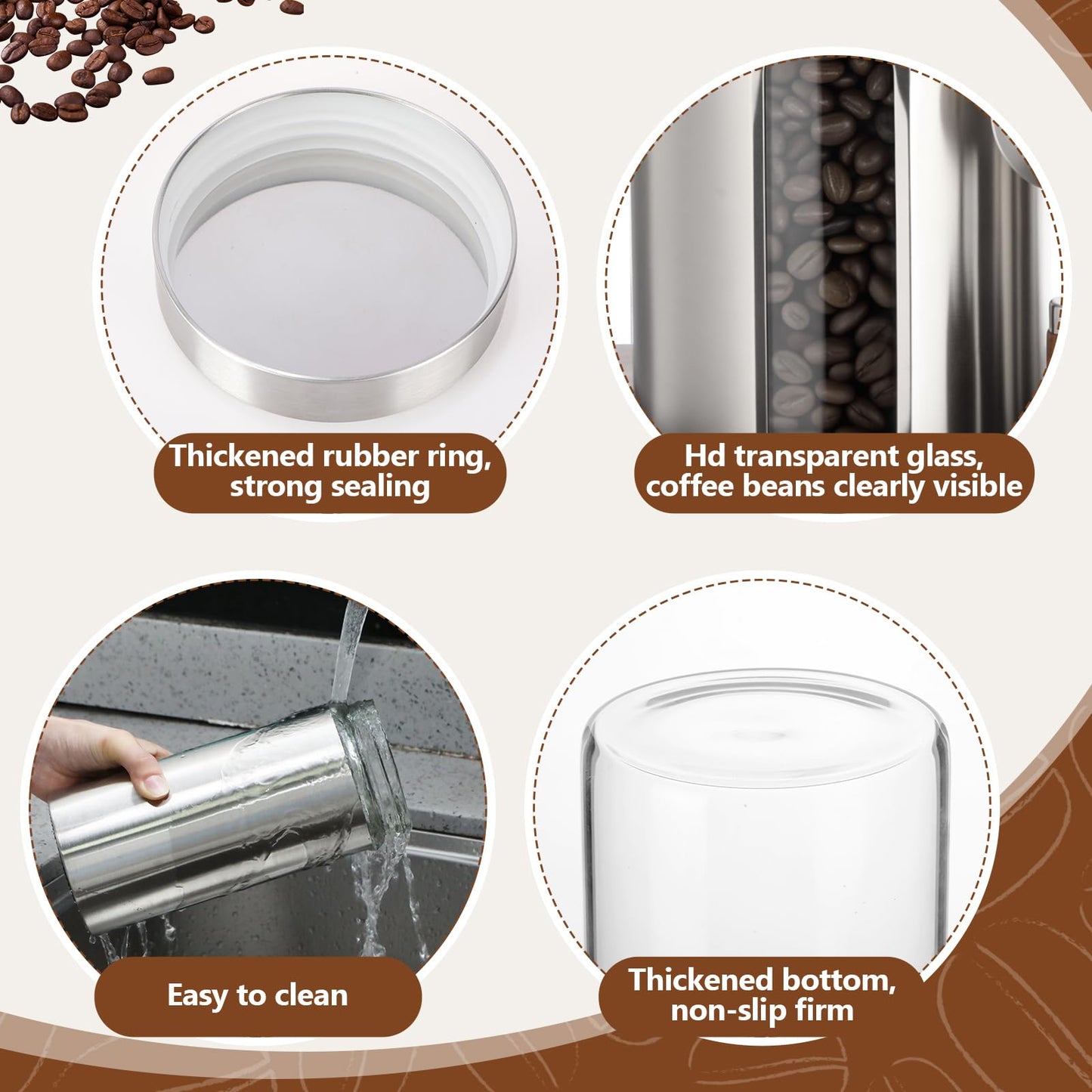 Suclain Stainless Steel Coffee Grounds Canisters with Shelf 3 x 50oz Sugar Coffee Bean Storage Container with Airtight Threaded Lid Glass Window Scoop Kitchen Jar Set for Bar Creamer Nut Tea