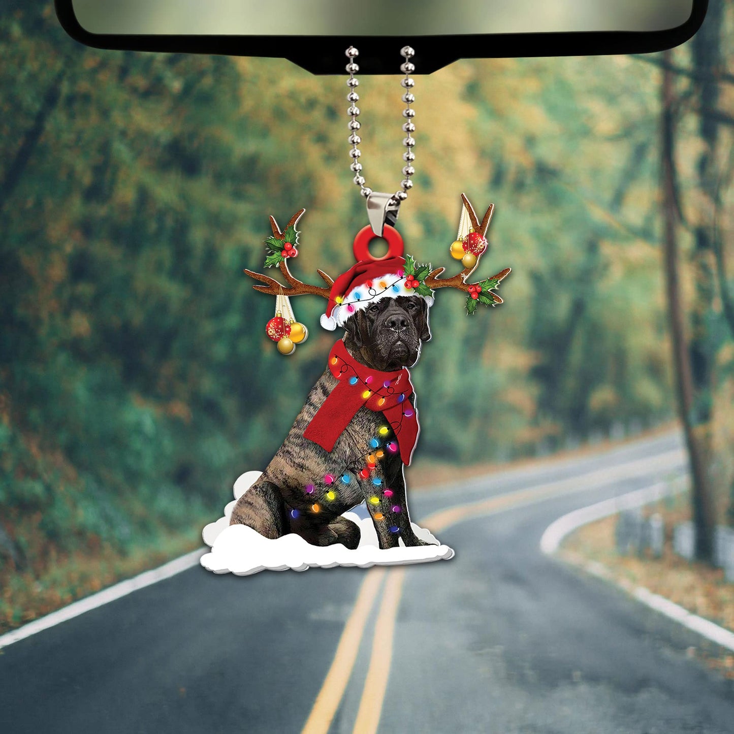 Talataca Brindle English Mastiff Christmas Hat Reindeer With String Light 2D Flat Car Rear View Mirror Accessories Christmas Tree Ornament Decoration Hanging Charm Interior Rearview Pendant Decor Gift