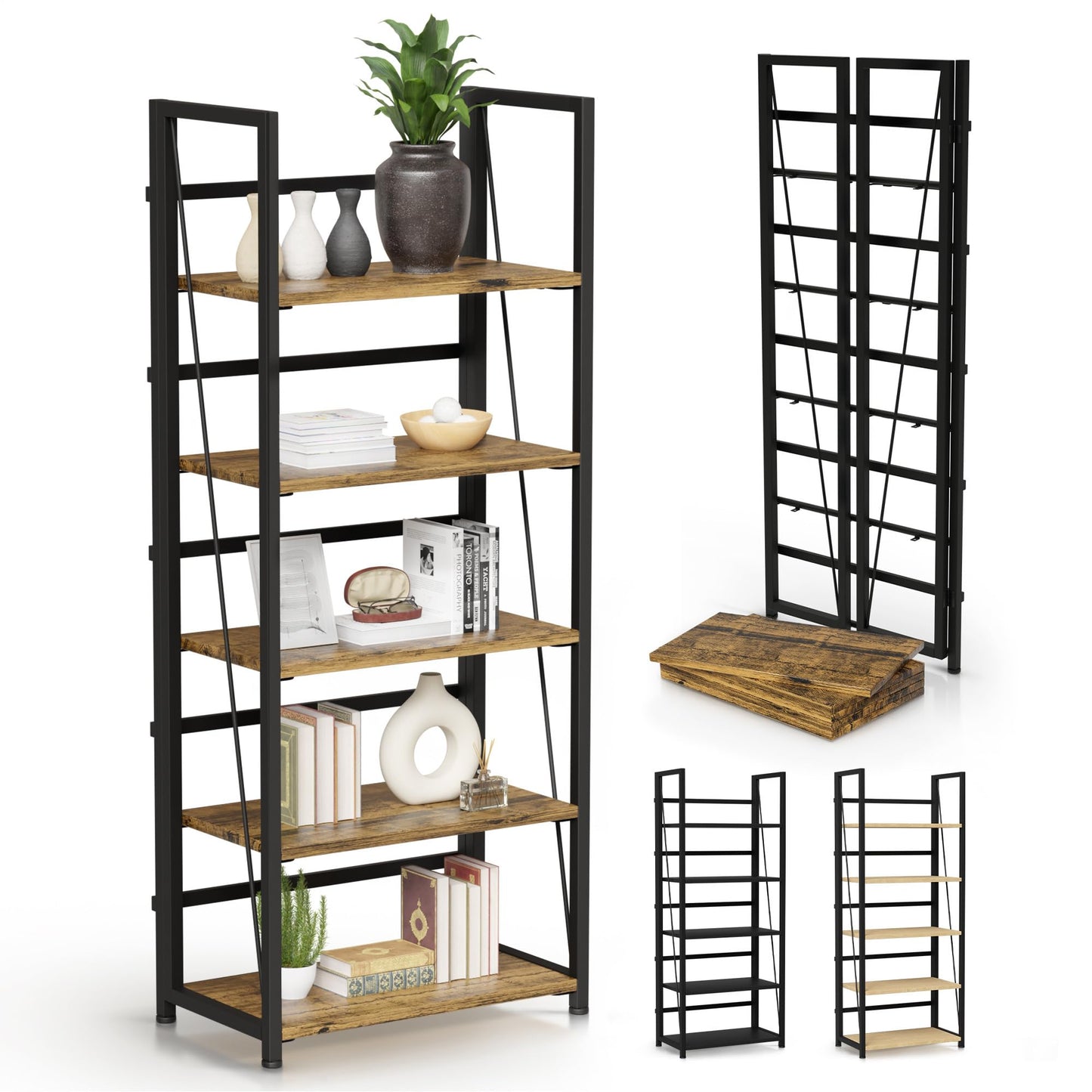 5 Tier Wood Book Shelf Organizer, No Assembly Bookshelf for Bedroom Living Room Office, Rustic Foldable Book Case, Tall Bookshelves, Open Book Shelves, Decorative Folding Shelf Display, Tall Bookcase