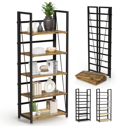 5 Tier Wood Book Shelf Organizer, No Assembly Bookshelf for Bedroom Living Room Office, Rustic Foldable Book Case, Tall Bookshelves, Open Book Shelves, Decorative Folding Shelf Display, Tall Bookcase