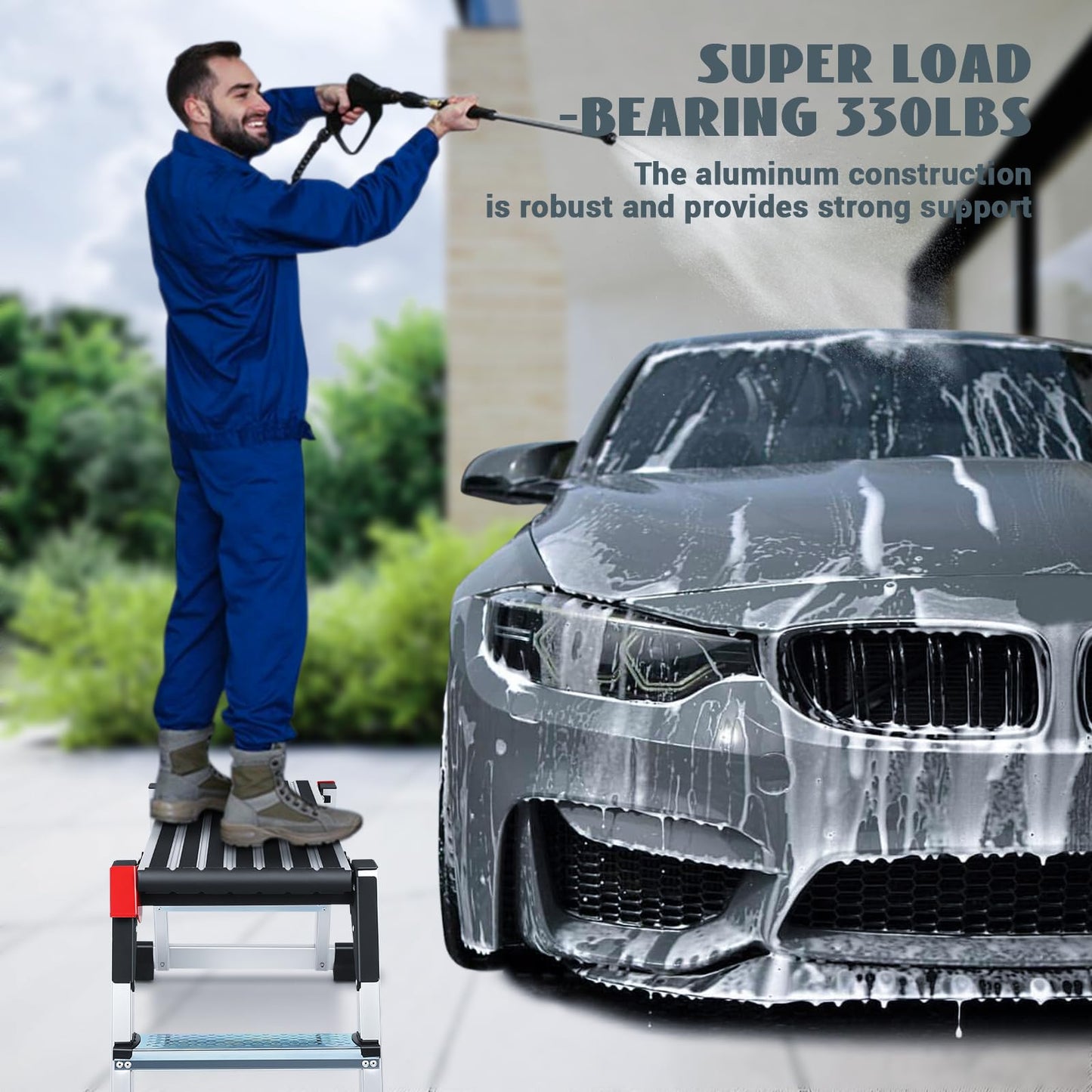 Work Platform, Aluminum Step Ladder, 36"×12"×18" Step Platform Non-Slip, Heavy Duty Folding Work Bench 330 lbs Load Capacity for Washing Vehicles, Cleaning, Painting