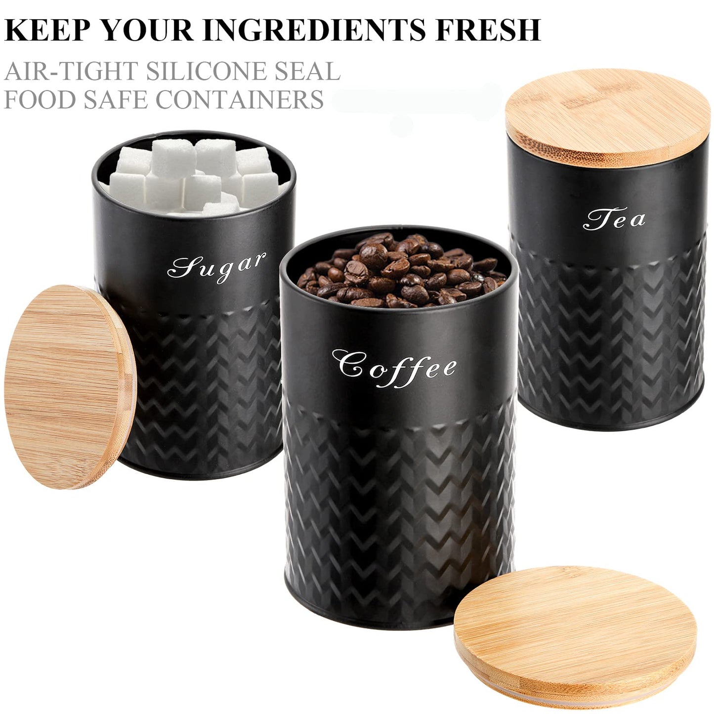 Bekith 3 Pack Kitchen Canisters with Bamboo Lids, Airtight Metal Canister Set, Food Storage Containers Jars for Coffee, Sugar, Tea, Flour, Rustic Kitchen Decor Containers, Black
