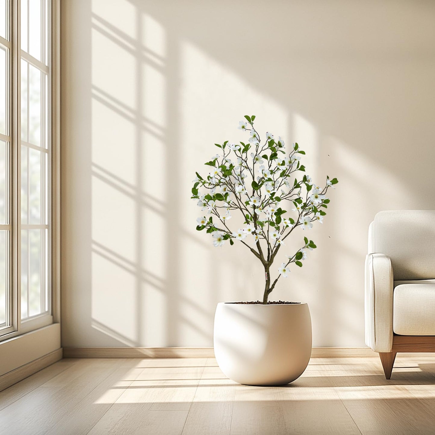Artificial Dogwood Flower Tree 4ft, Faux Blooming Dogwood Tree with Realistic White Flowers, Potted Fake Tree for Home, Office, Living Room & Indoor Decor (4ft)