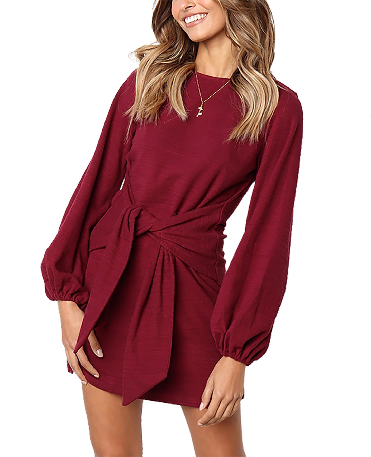 PRETTYGARDEN Womens Fall Elegant Long Lantern Sleeve Short Dress Wedding Guest Crewneck Tie Waist Knit Cocktail Dresses (Wine Red,Large)