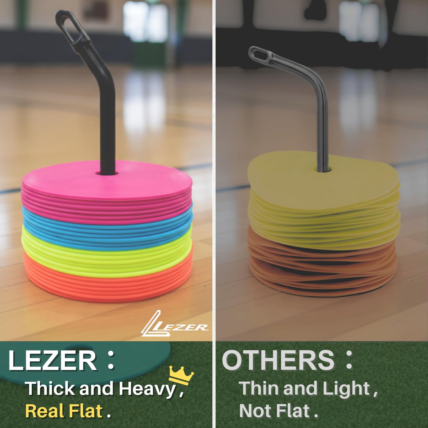 LEZER 6 Inch Flat Cones, Spot Markers, Soccer Cones, Field Court Markers, Sit Spots, Flat Discs, Soccer Training Equipment, Agility Practice, Football, Made in Taiwan, Set of 12