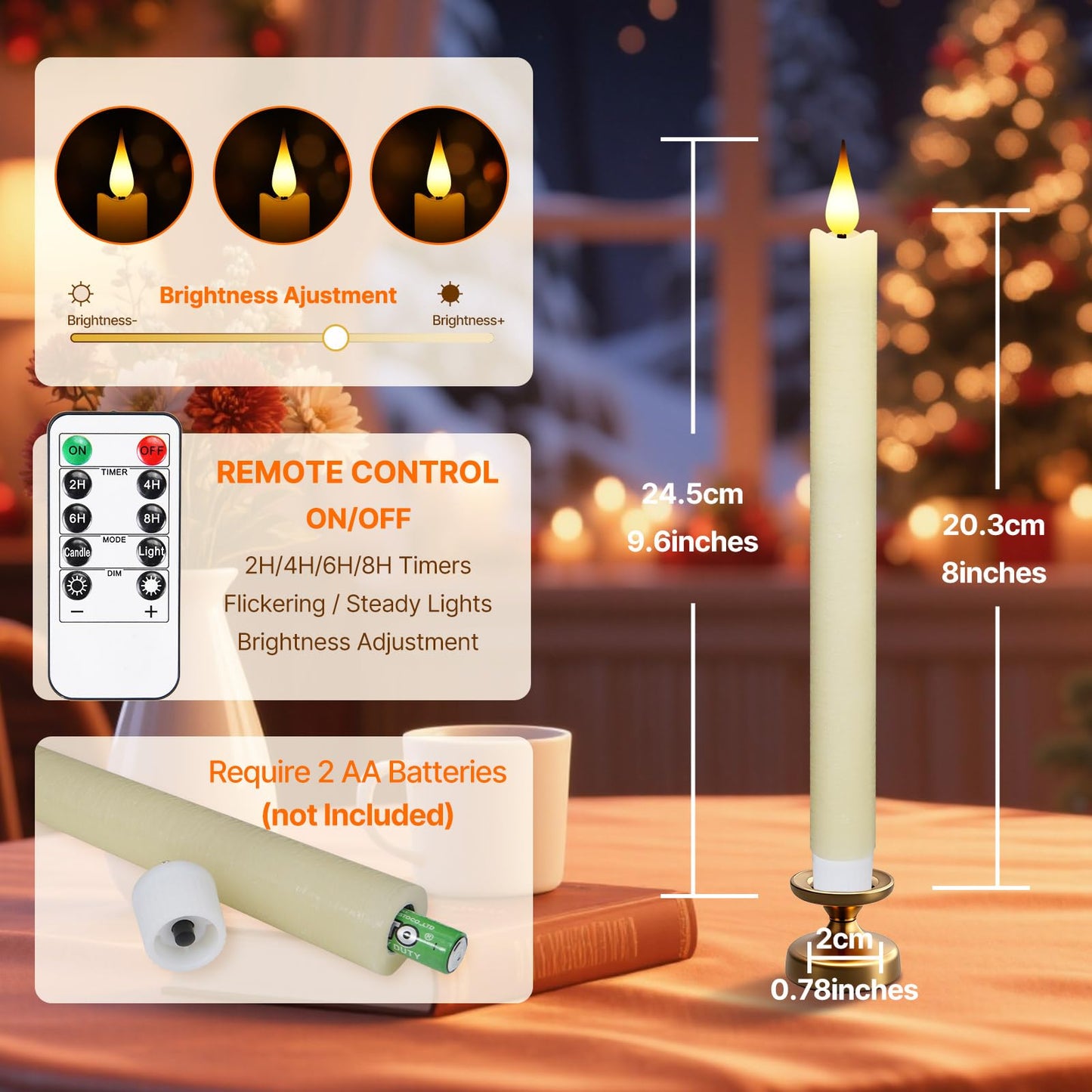 Flameless Taper Candles, Led Taper Candles Battery Operated 8 Pcs Real Wax, Led Candlesticks with 10-Key Remote & Timer, 3D Flickering Flame Dripless for Christmas Halloween Wedding Home Decor