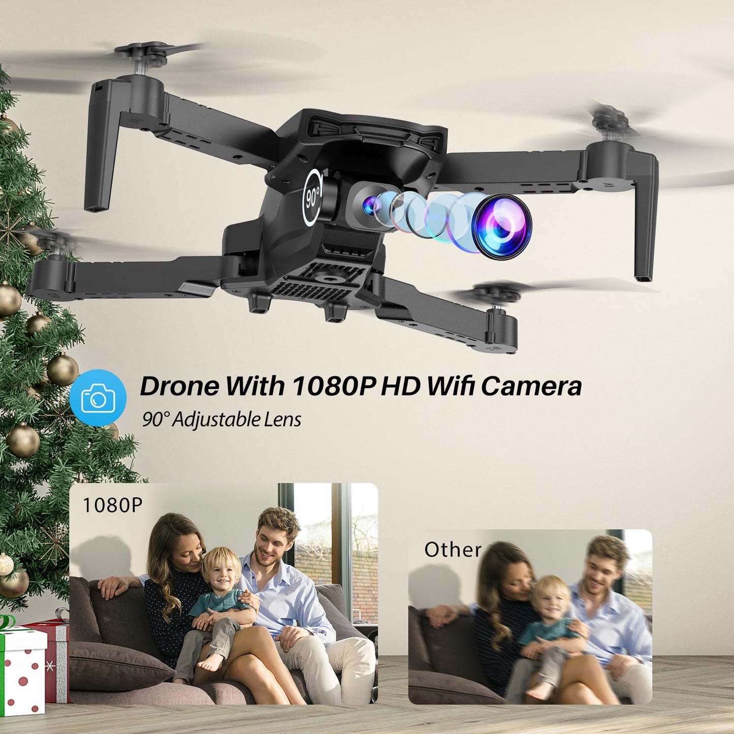 SIMREX Drone With 1080P Camera for Kids Adults, Mini RC Quadcopter Foldable, One Key Start, Waypoint Fly, Headless Mode, Auto-Follow, 3D Flip, 3 Speeds, 2 Batteries, Easy for Beginners, Black