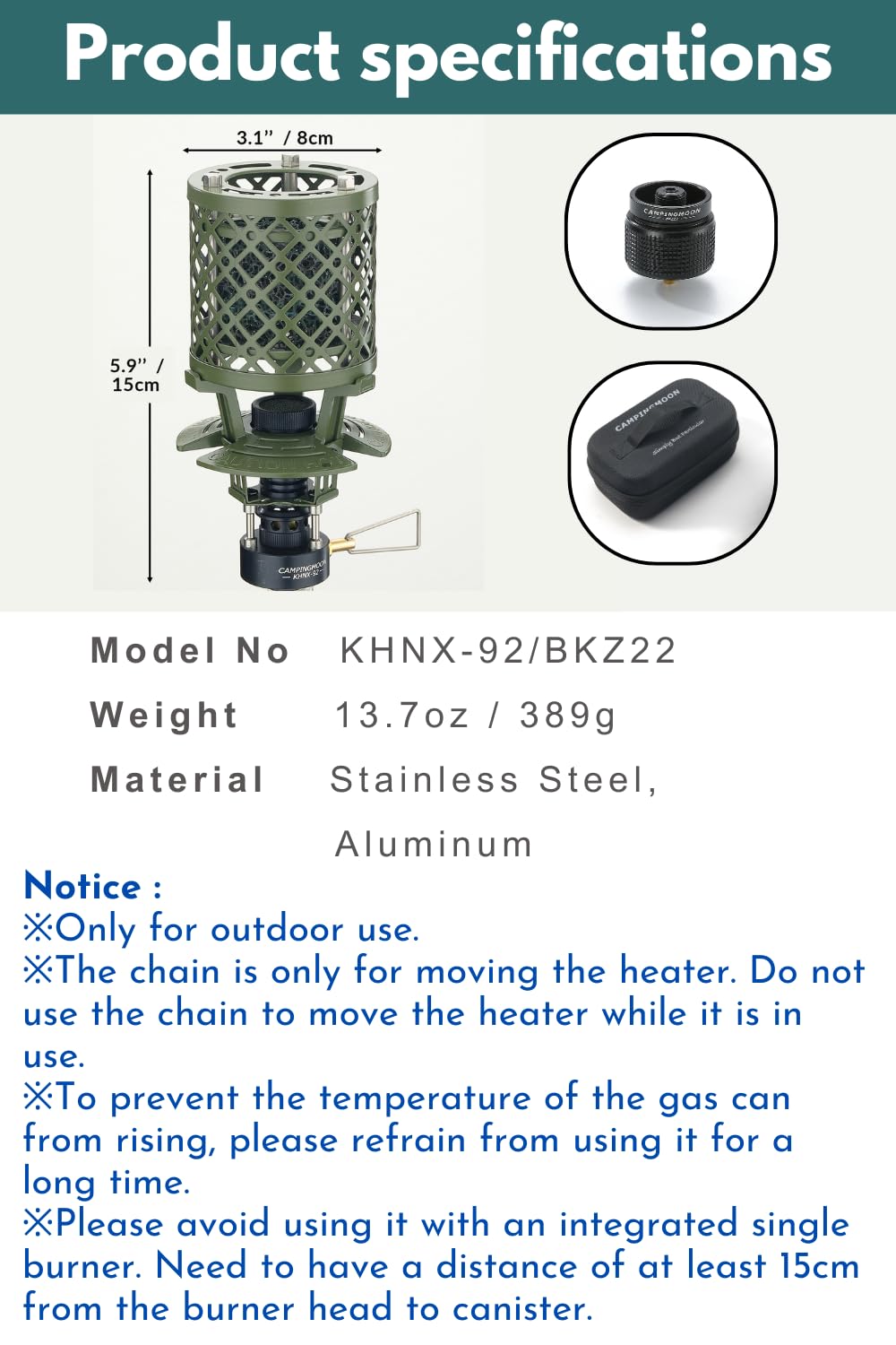 CAMPINGMOON T-HEATER GASWARE Gas Heater Propane Isobutane for Camping Outdoor Collaboration Limited Edition with EVA Case (KHNX-92+Z22)
