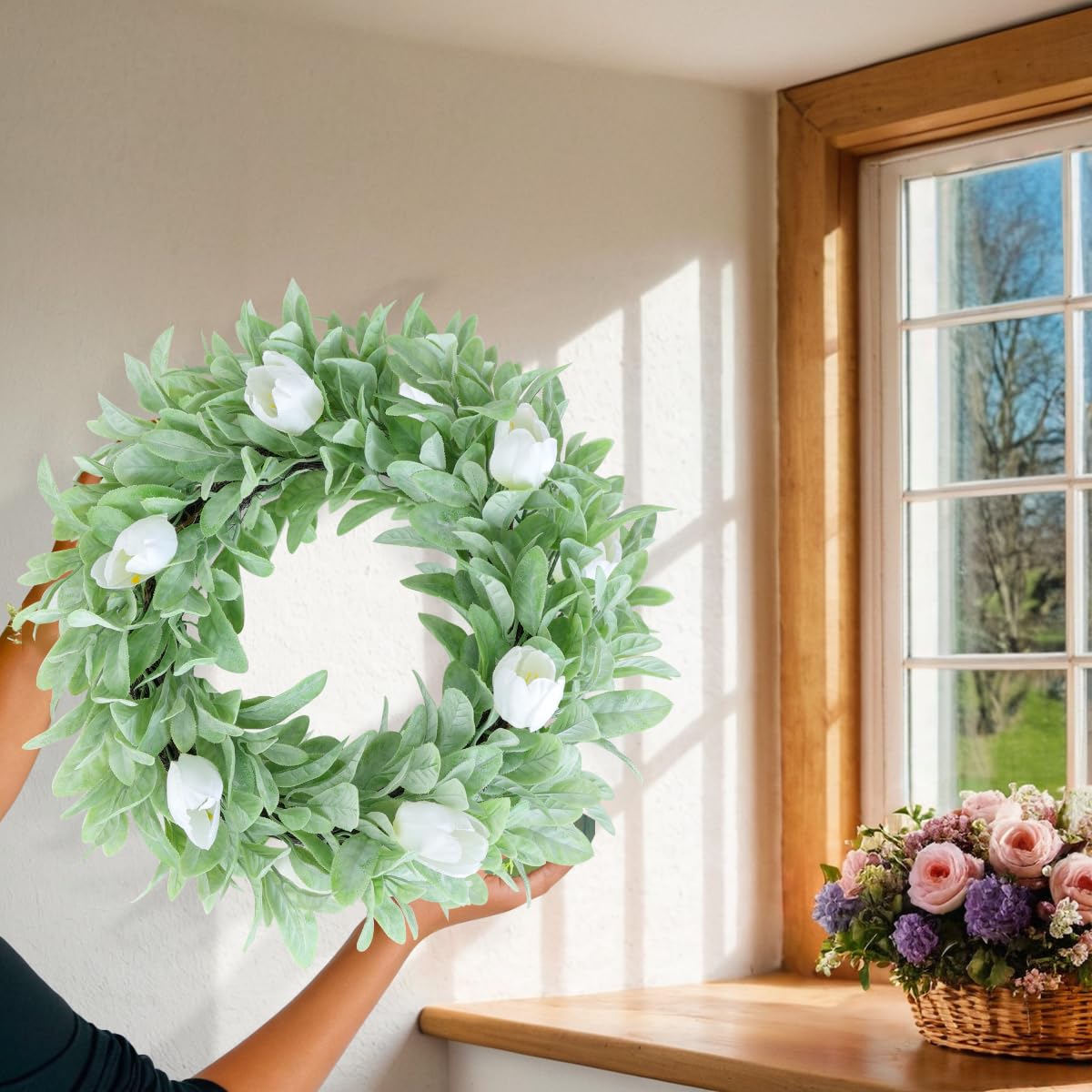 Seasons 18" Lambs Ear Wreaths, Artificial Wreath for Home Decor