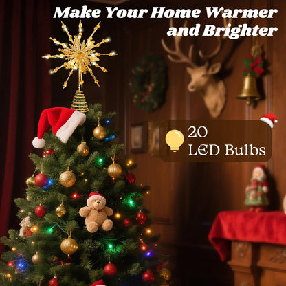 Lewondr Christmas Tree Topper, 12.2'' Metal Xmas Star Tree Topper with 20 LED Bulbs, USB Powered Glittered 12-Pointed Treetop for Christmas Ornaments, Remote Control, 6H Timer, 8 Light Modes, Gold