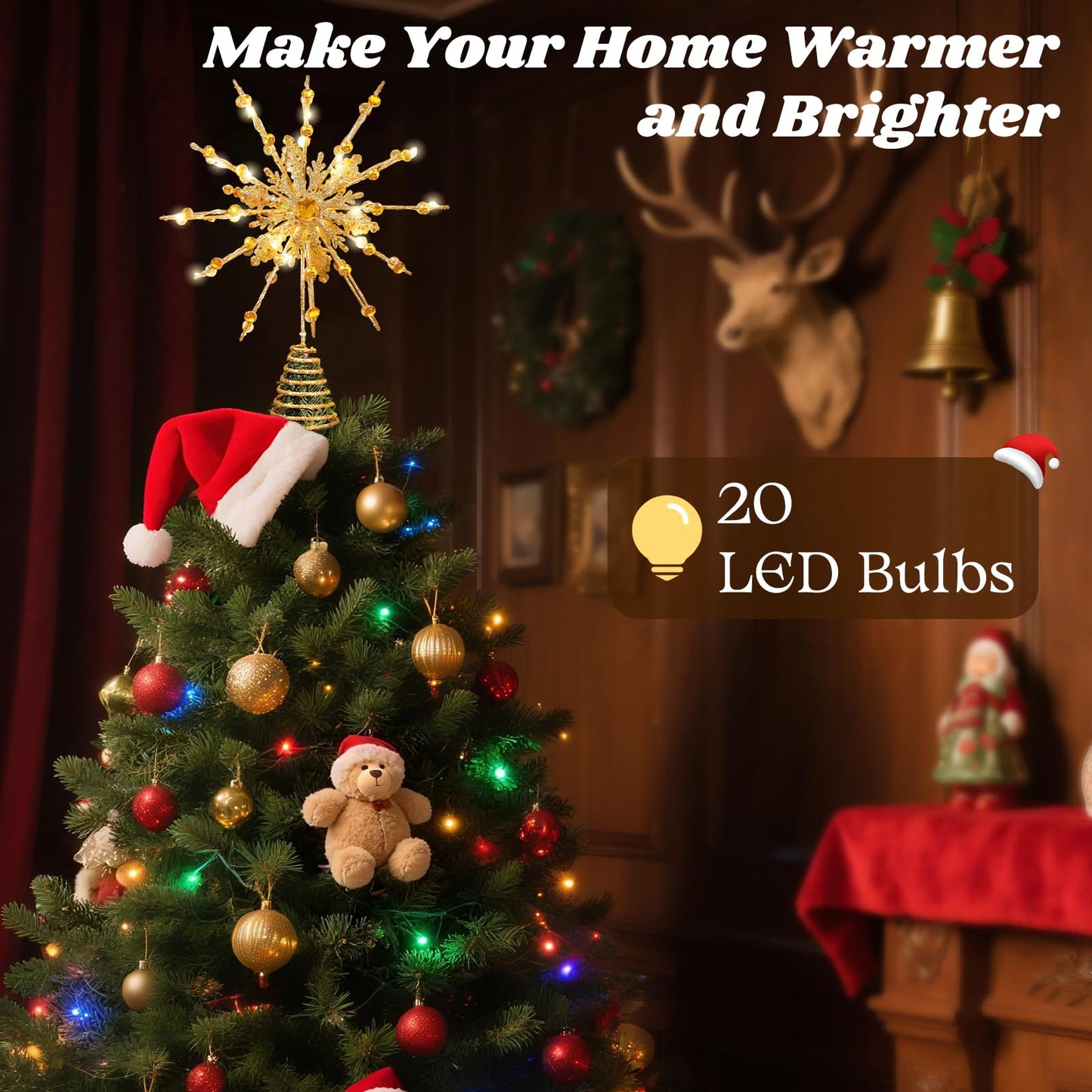 Lewondr Christmas Tree Topper, 12.2'' Metal Xmas Star Tree Topper with 20 LED Bulbs, USB Powered Glittered 12-Pointed Treetop for Christmas Ornaments, Remote Control, 6H Timer, 8 Light Modes, Gold