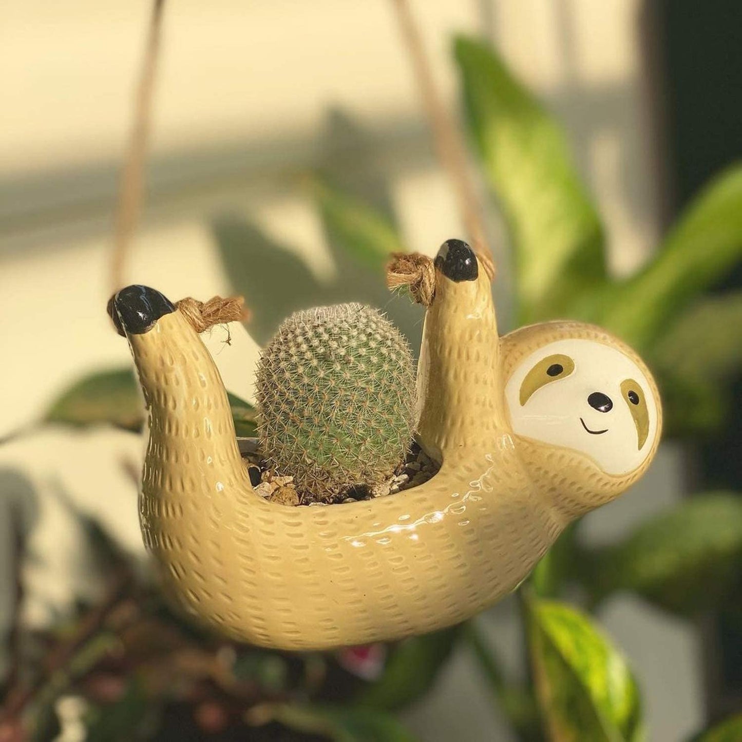 Angelland Sloth Gifts for Women, Hanging Planter for Indoor Outdoor Plants, Ceramic Pot for Succulent Cactus, Gardening Flowerpot for Plant Lover Yellow