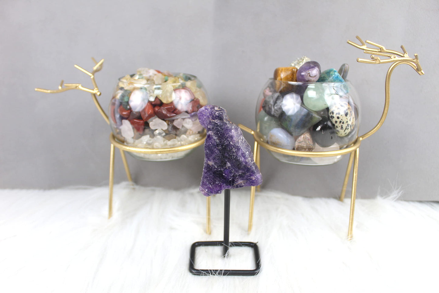 Jet Raw Cluster Stone Metal Stand Healing Crystals Stone for Home Office Decoration Small 4.5-5 Inch Tall (Amethyst)