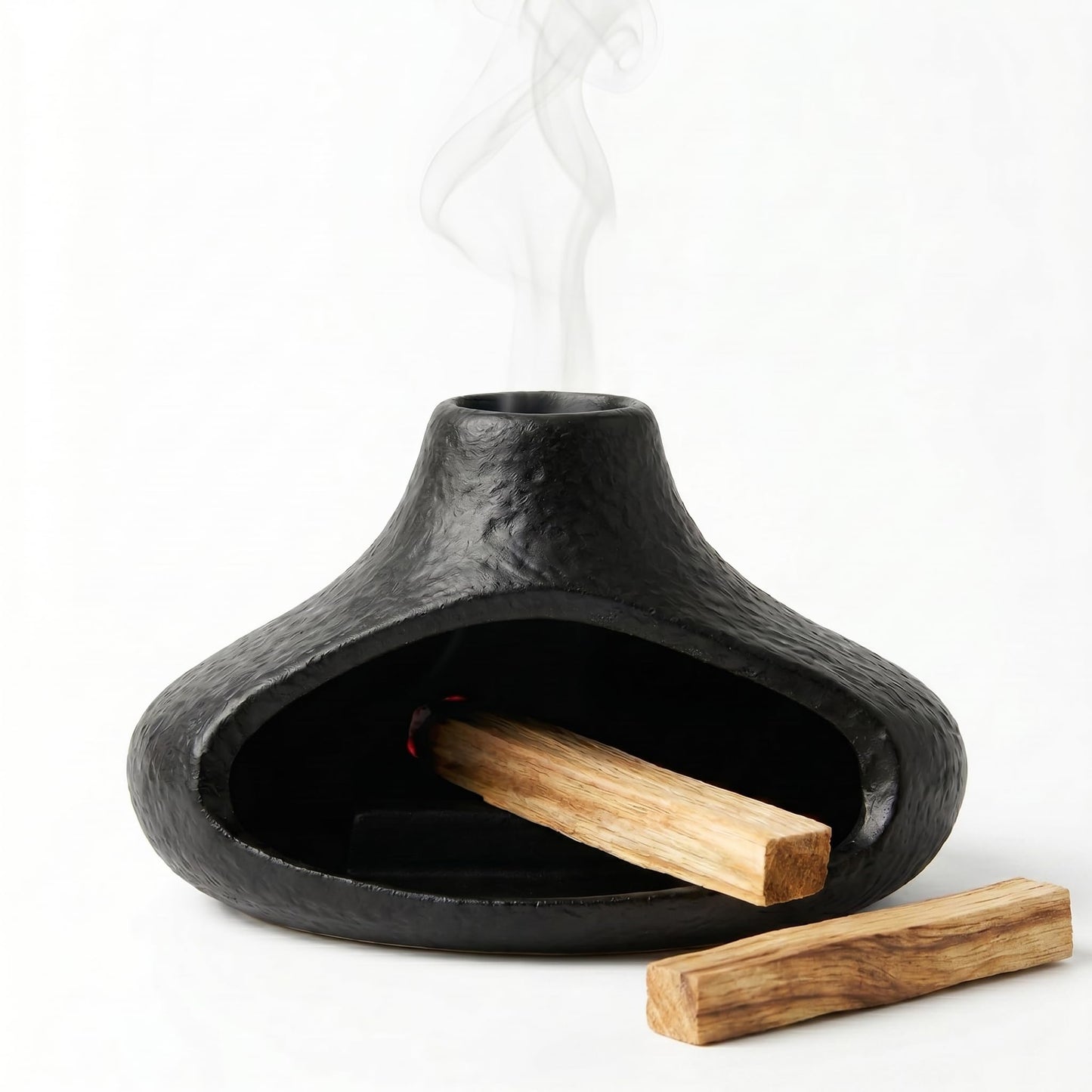 Matte Black Palo Santo Holder with Chimney Design, Ceramic Incense Burner with Ash Catcher, Mess-Free for Smudging, Meditation & Relaxation, Volcano Style Aesthetic Home Decor Gift
