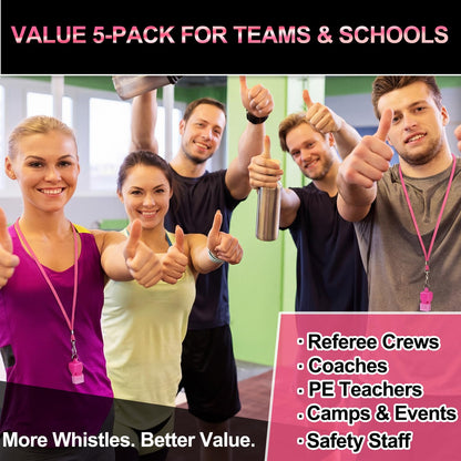 Junkin 5 Pack Pealess Referee Whistles with Lanyards, Loud Crisp Sound, Cushioned Mouthpiece for Coaches, Referees, Teachers, Lifeguards, Sports, Safety & Emergency Use(Pink)