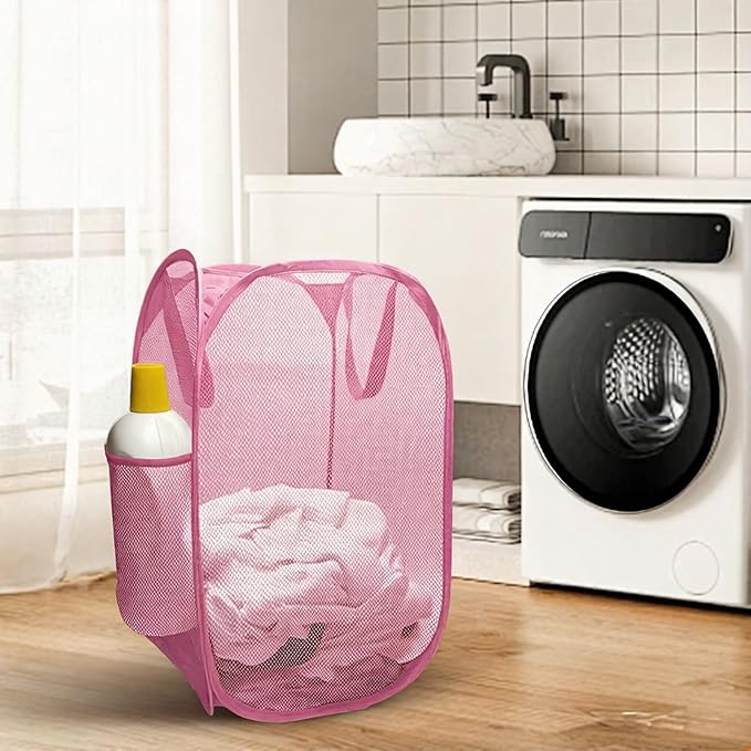 The upgraded pop-up laundry basket features a breathable side pocket mesh design