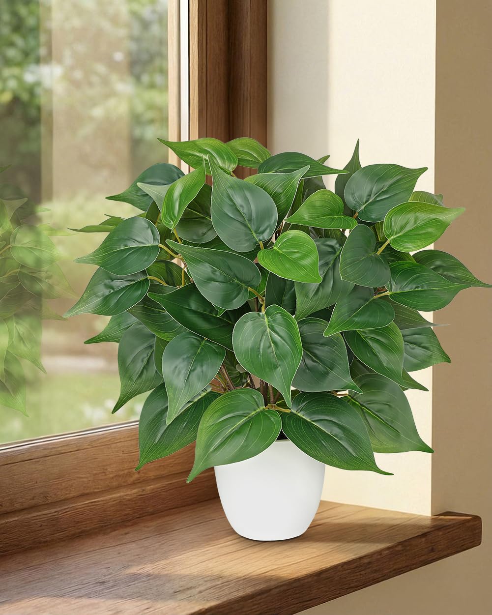 Artificial Pothos Plants in White Pot - 15.7" Fake Philodendron Plant Indoor Silk Faux Pothos Plants Faux Greenery Potted Small Artificial Potted Plant for Office Desk Shelf Bathroom Home Decor