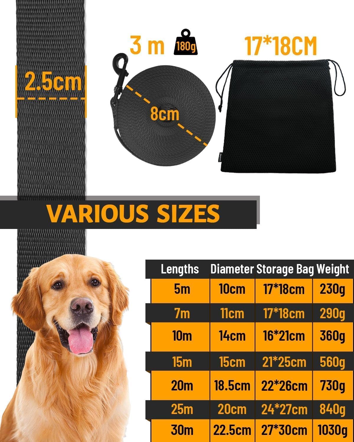 Looxmeer Training Leads for Dogs, 10m/33ft Nylon Long Line Dog Lead for Large Medium Small Dogs, Recall Obedience Dog Training Lead, Padded Handle & Storage Bag, Pet Leash for Tracking Camping Walking