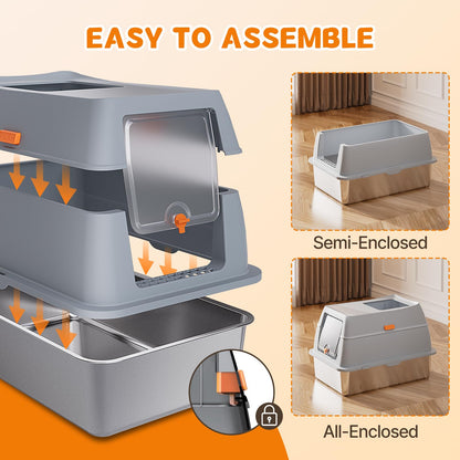 Stainless Steel Litter Box with Lid, 8” Deep Pan, Extra Large Litter Box for Big Cats, Anti-Leakage, Odor Free, Front & Top Dual Entry, Includes Litter Mat & Metal Scoop