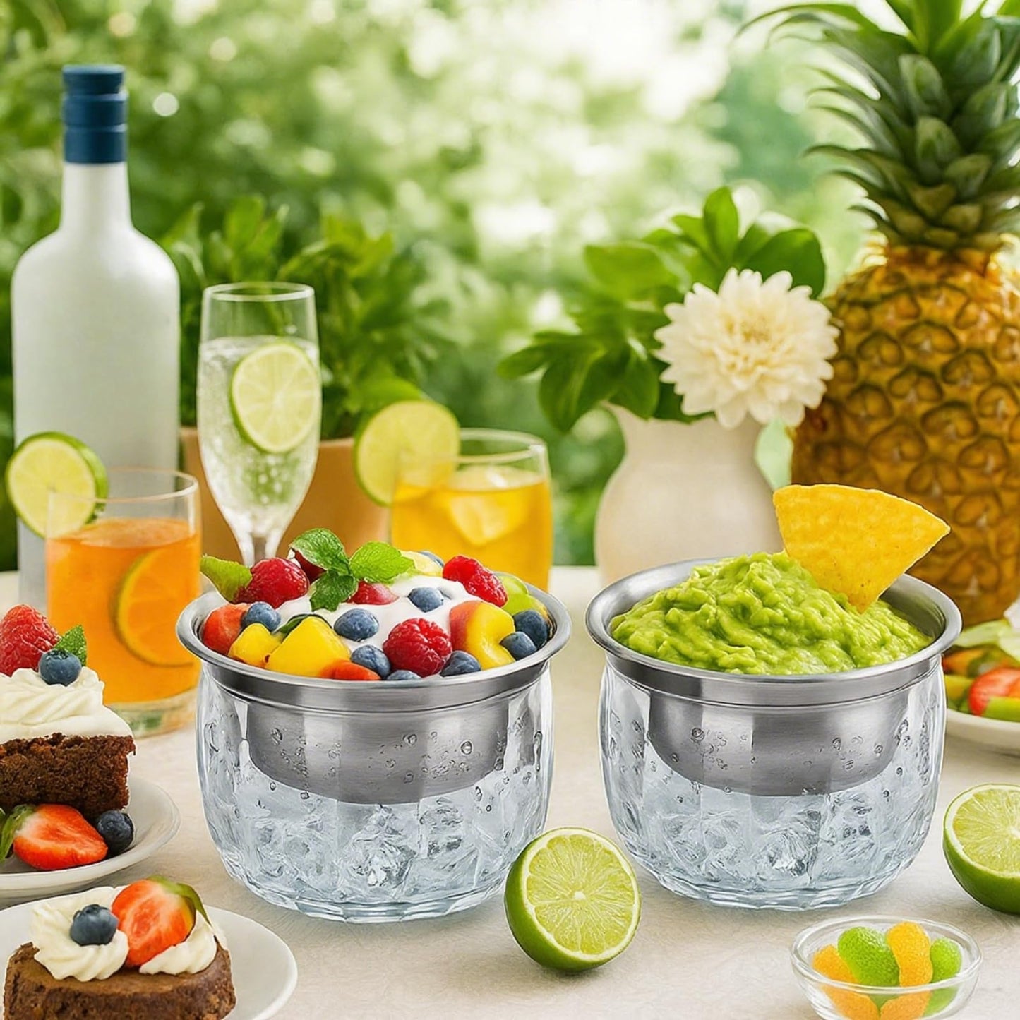 ZENFUN 2 Pack 20 Oz Chilled Dip Bowl with Acrylic Ice Bowl Base, Stainless Steel Ice Chilled Serving Dish Iced Salad Bowl Set for Chilled Pasta, Potato, Dressing, Fruit