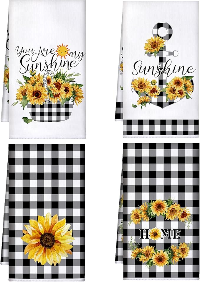 Bencailor 4 Pcs Sunflower Kitchen Towels Flower Hand Dish Towels Black and