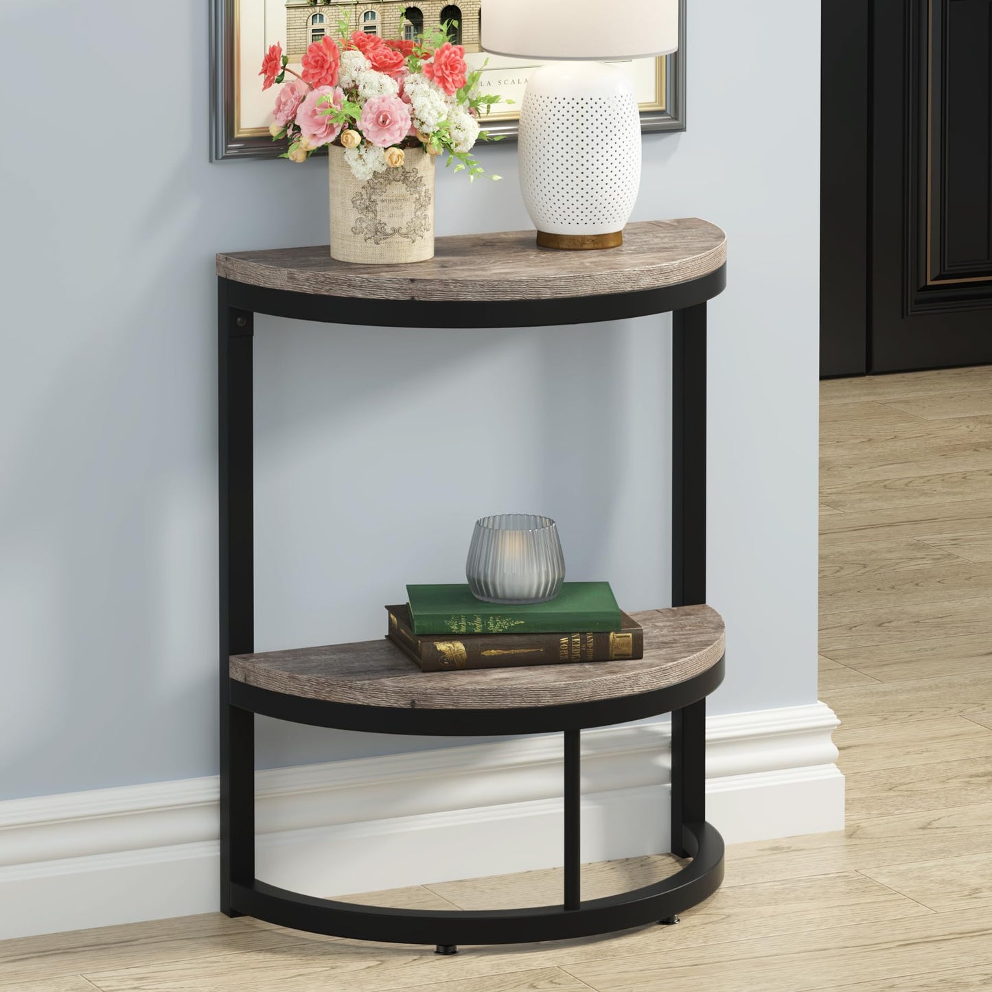 Tribesigns 2-Tier End Table Semi Circle, Small Half Round Side Table with Storage Shelf, Wood Accent Table Slim C Table for Sofa Couch, Living Room, Bedroom, Easy Assembly, Rustic Grey & Black