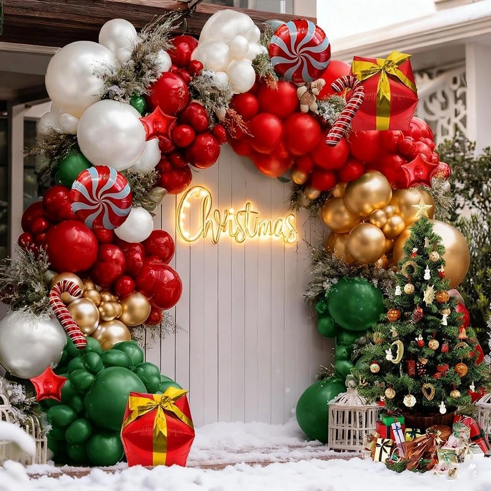 Christmas Balloons Garland Arch Kit, Double Stuffed Dark Green Red Gold Pearl White Balloons for Christmas New Year Xmas Holiday Birthday Party Decorations