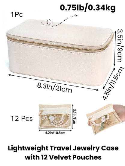 Hacaroa Travel Jewelry Case with 12 Velvet Pouches, Jewelry Storage Organizer Box PU Leather, Clear Window Small Bags Wedding Gifts for Earrings, Necklaces, Bracelets, Rings, Women, Girls, Cream White