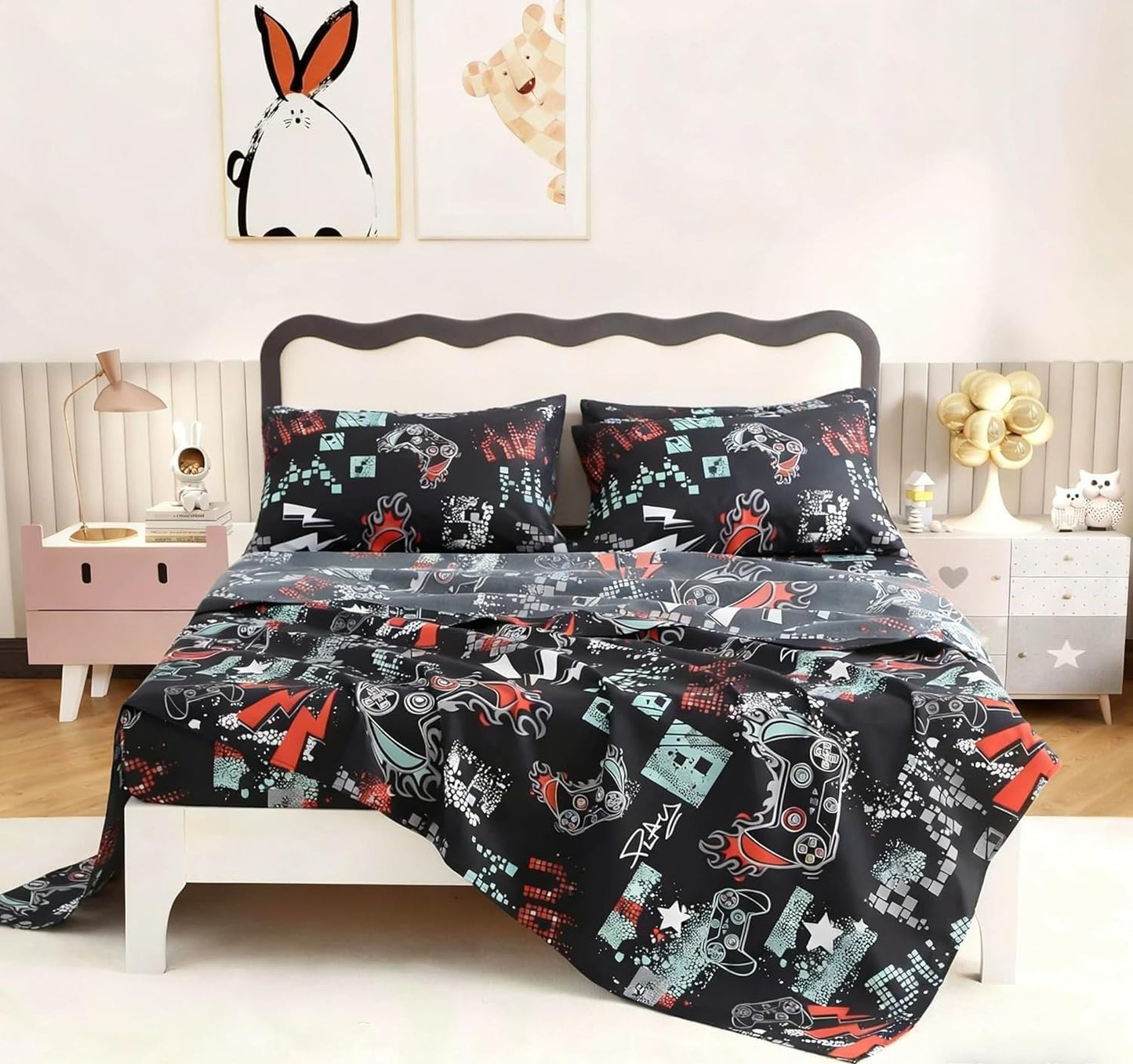 SDY 4 Pieces Gaming Bed Sheet Full,Super Cute Soft Game Console Bedding Sheet Sets for Boys, Girls, Kids and Toddler, Bed in A Bag with 1 Fitted Sheet+ 1 Top Flat Sheet + 2 Pillowcases