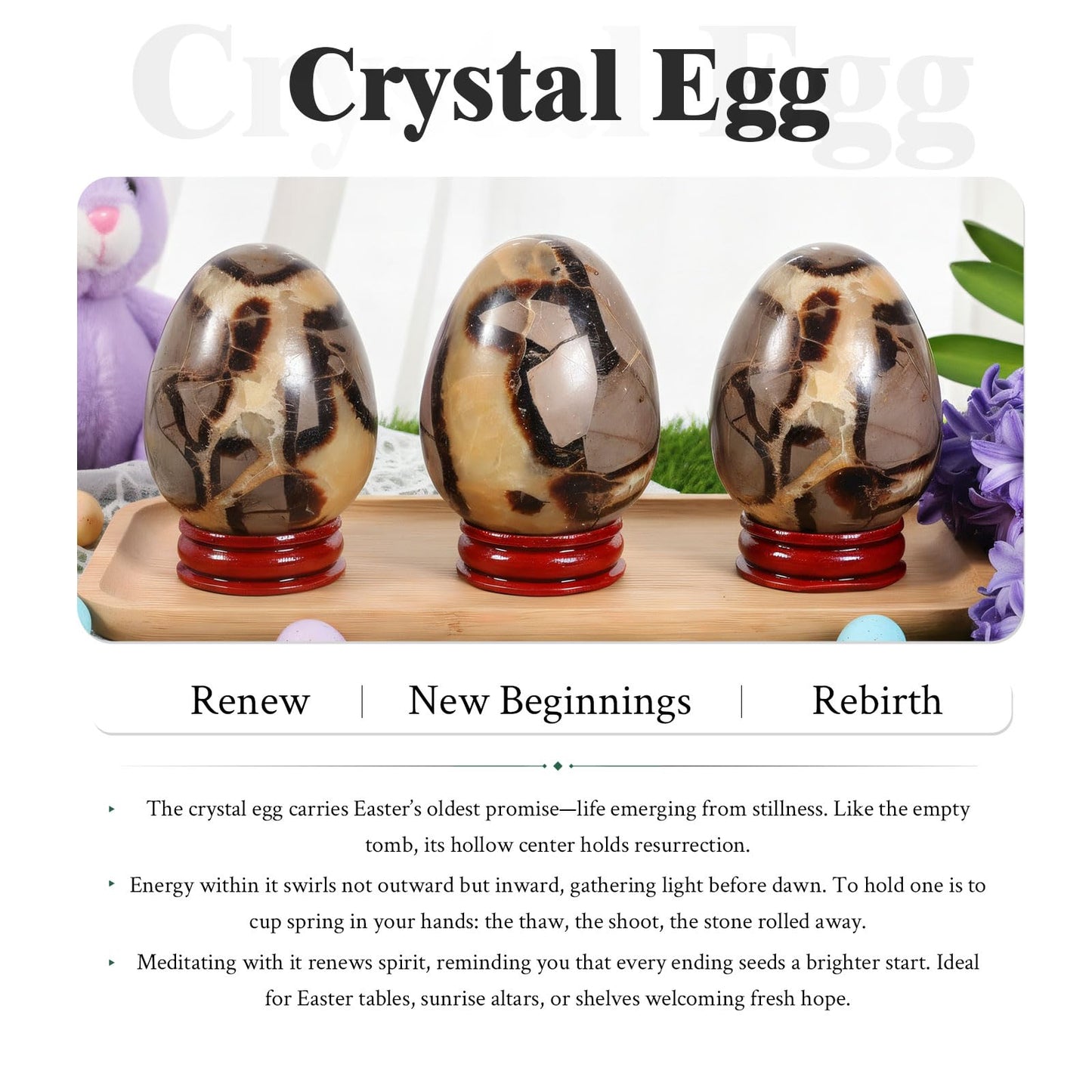 SUNYIK Natural Septarian Dragon Crystal Egg with Wooden Stand, Polished Oval Stone Egg Feng Shui Decoration Home Office Specimen for Easter Day, 2.4-2.95"