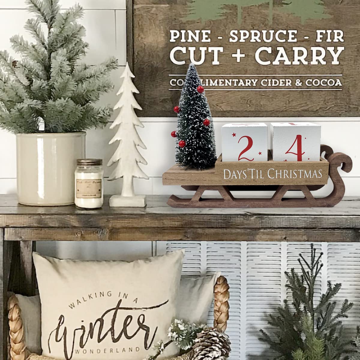 HOMirable Christmas Countdown Blocks Santa Sleigh Advent Calendar 99 Days Christmas Tree Decorations Wooden Farmhouse Rustic Sign Xmas Party Holiday Décor for Home Living Room, Mantel, Tiered Tray