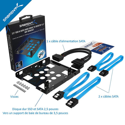 SABRENT Hard Disk Mounting Kit Adapter, Dual 2.5 to 3.5 Hard Drive Mounting Bracket, SSD Mounting Kit, 2 SATA Data Cables, 2 Power Splitter Cables (BK-HDCC)