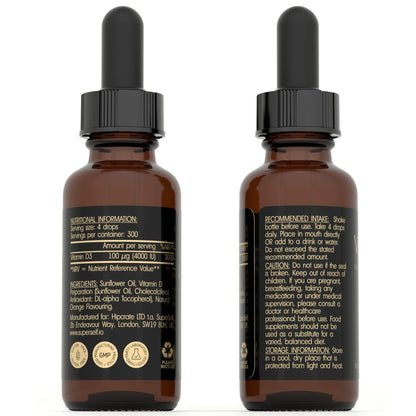 Vitamin D Drops - Vitamin D3 4000 IU Liquid for Adults - 60ml 1200 Drops - High Strength & Absorption Supplement for Strong Bones, Teeth, Immune System - Vit D 1000IU per 1 Drop - UK Made & Vegetarian