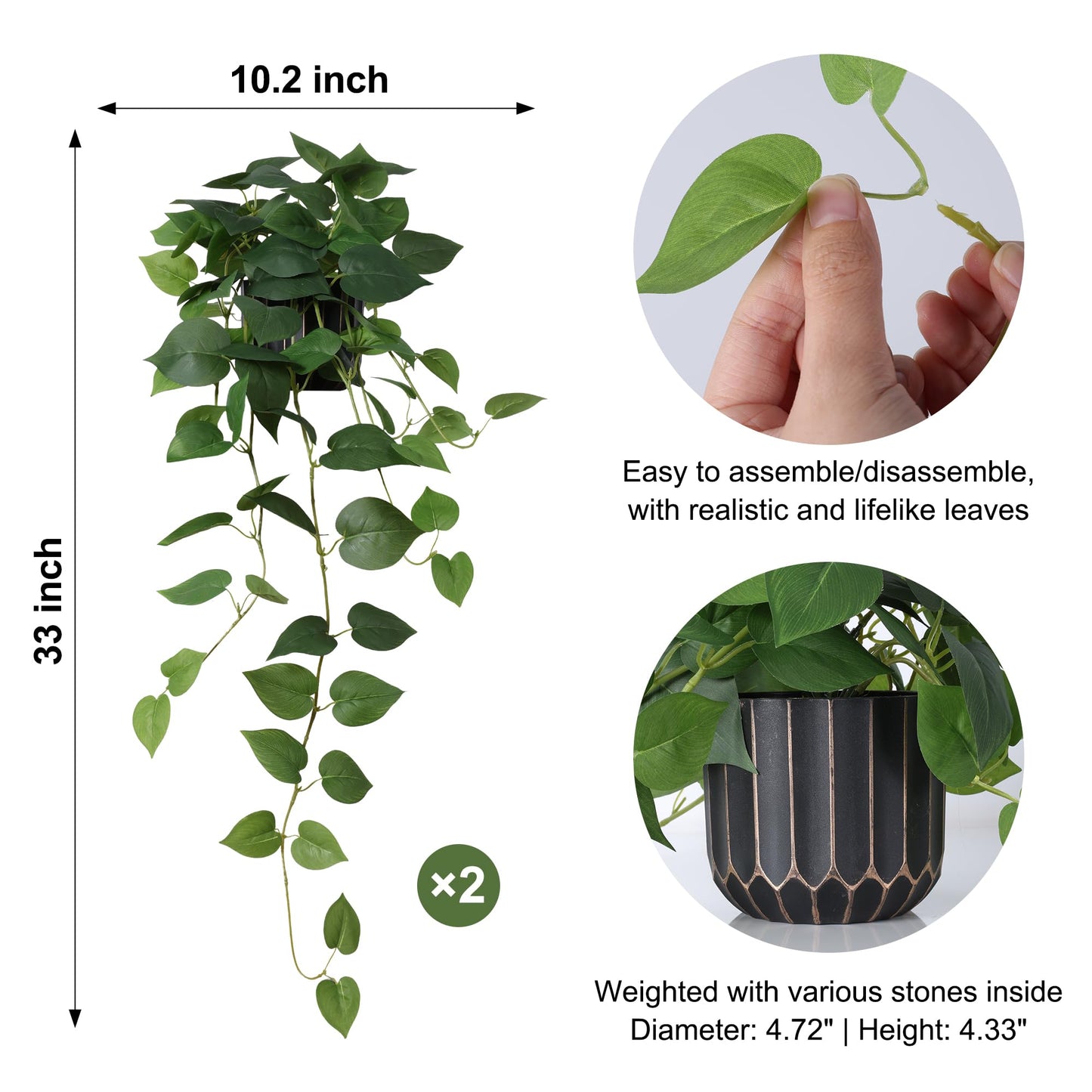 FancyPlus Fake Plants 2 Pcs Faux Pothos Plants Potted Indoor Artificial Hanging Plants Realistic Fake Greenery Table Desk Bathroom Office Bedroom Living Room Shelf Modern Farmhouse Decor Indoor