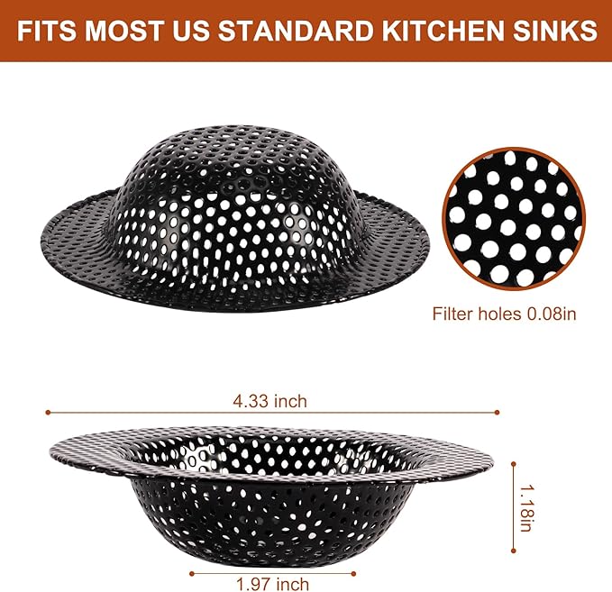 2 Pcs Black Stainless Steel Mesh Sink Drain Strainer, 4.45" Top/2.95" Kitchen