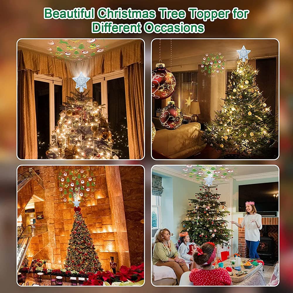 YUEWO Star Christmas Tree Topper Lighted with LED Rotating Snowflake Projector Lights, 3D Hollow Silver Star Snow Tree Topper for Christmas Tree Decorations