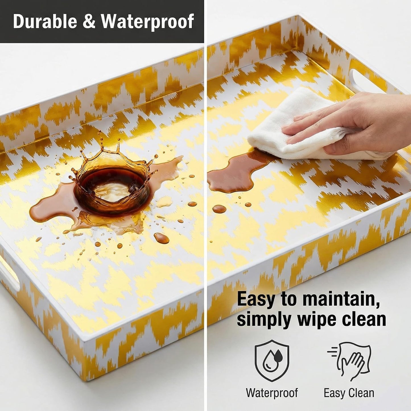 Zosenley Decorative Serving Tray with Handles - 16" x 12" Large Rectangle Coffee Table Decor - Modern Gold Aesthetic Vanity Tray for Ottoman, Bedroom & Bathroom