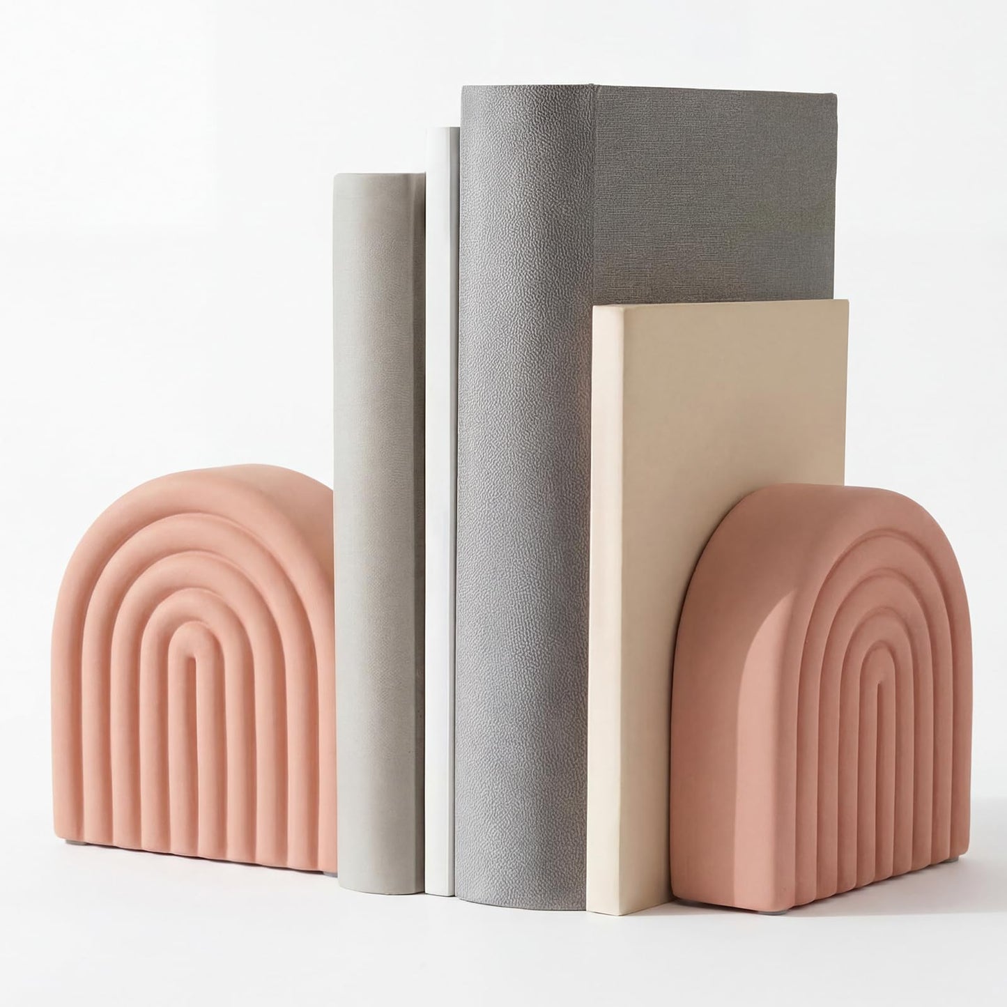 Fiwochic Soft Coral 2 Pcs Boho Arch Concrete Bookends for Shelves Decorative Book Holder Stopper with Anti Slip Pads for Heavy Books Home Office Aesthetic Library Decor (Rainbow)