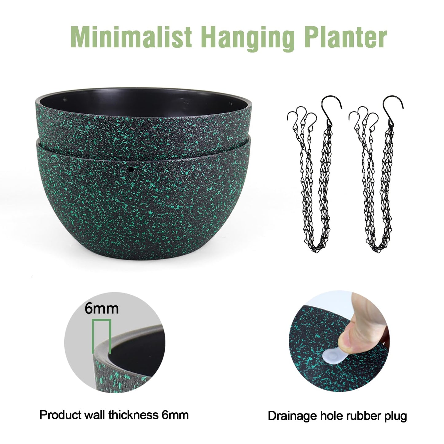Meowell 10 inch Hanging Planters for Indoor Outdoor Plants, 2 Pack Hanging Flower Pots with Drainage Holes and Chain for Garden, Plastic Hanging Baskets for House Plants, Black with Green Speckles