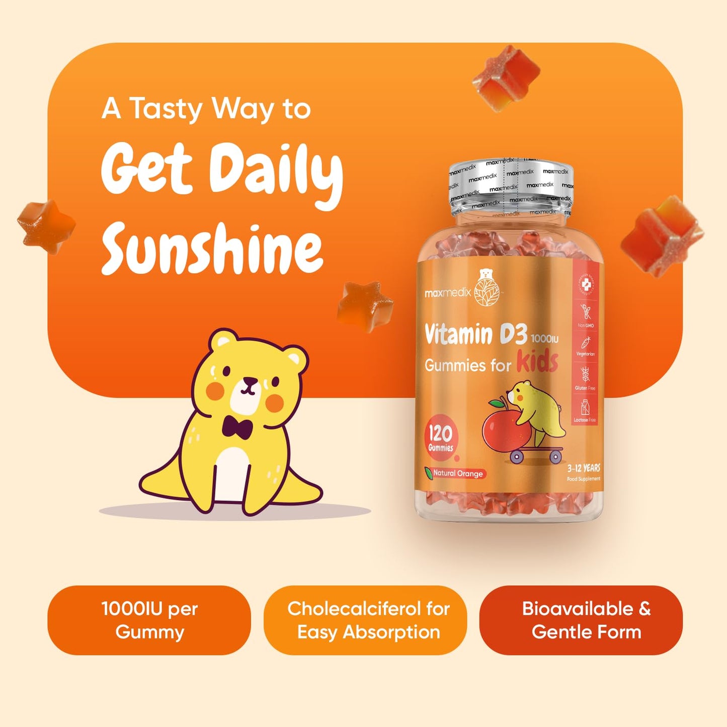 Vitamin D for Kids 1000IU | 120 Tasty Gummies | 4 Months Supply | Natural Orange Flavour | 1 per Day | Vegetarian-Friendly, Non-GMO & Gluten-Free | Easy to Chew | Kids Vitamin D Gummies for 3-12 Years