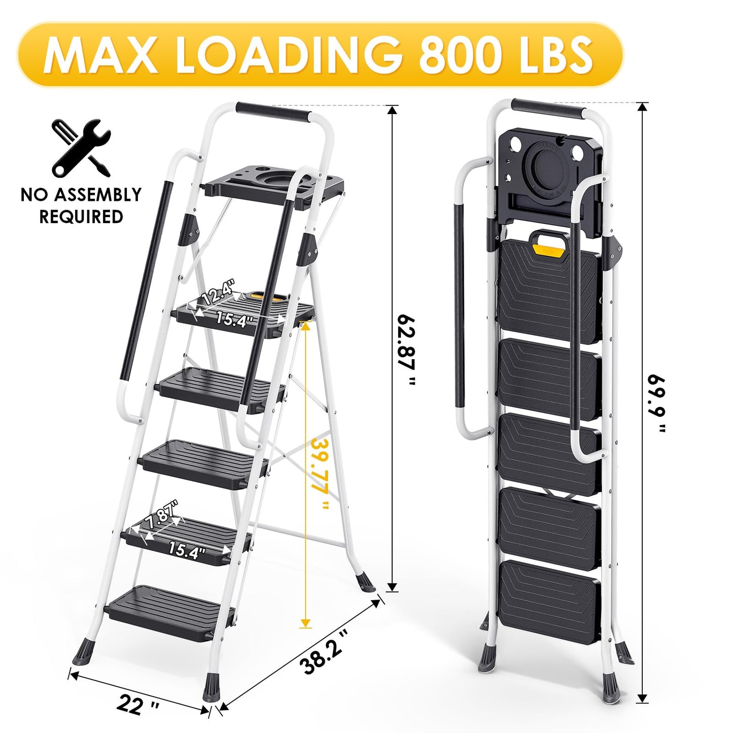 TOOLF 5 Step Ladder, Sturdy Steel Step Stool with Tool Platform, Anti-Slip Wide Pedals, Handrail, Safe-Lock Design, Folding Portable Ladder for Home, Kitchen, Pass 800lbs Load Testing, White