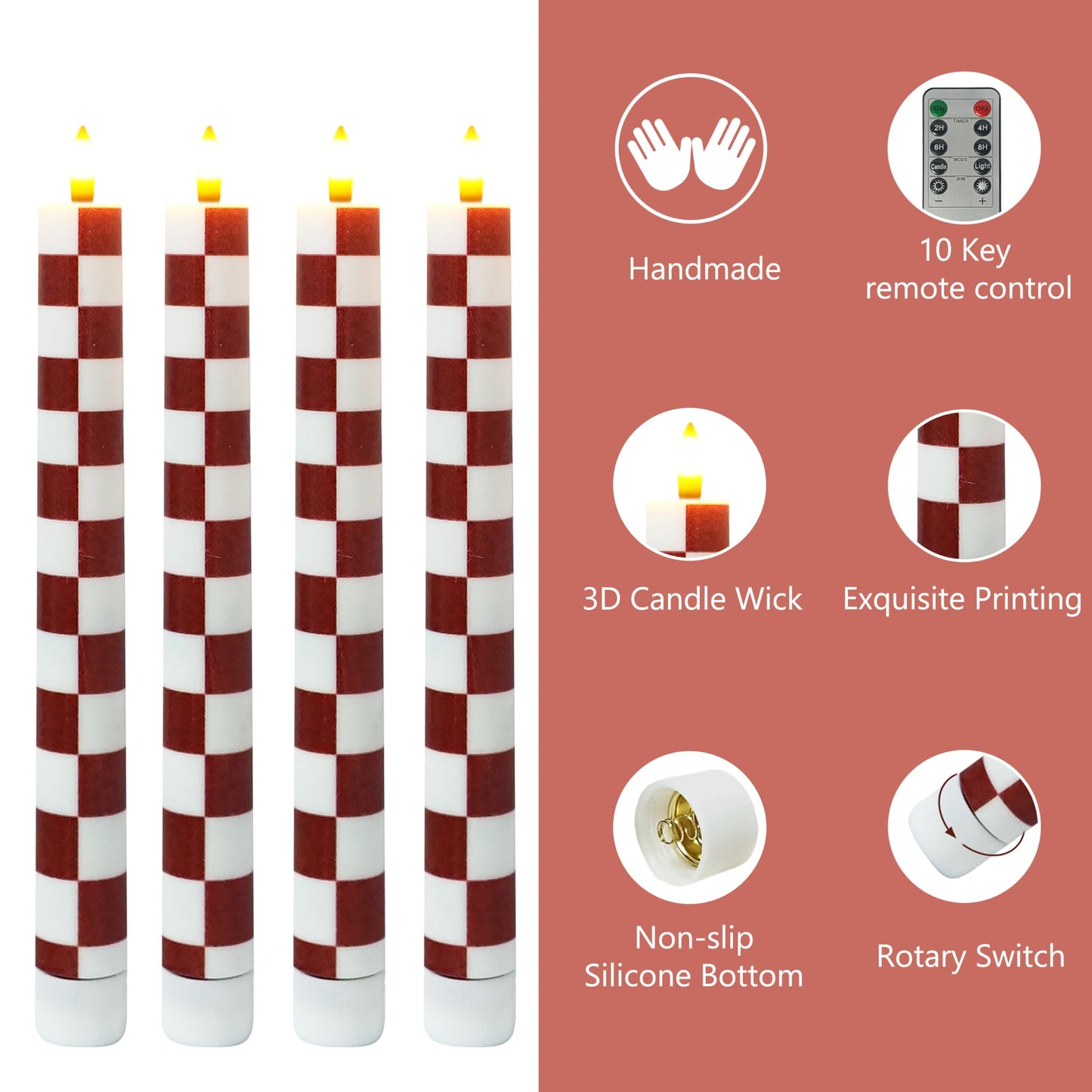 SEUCRWAX 10 Inch Flameless Taper Candles,LED Candlesticks Battery Operated with 10-Key Remote and Timer,4p Flame Lights for Wedding Decoration Party(Chessboard)