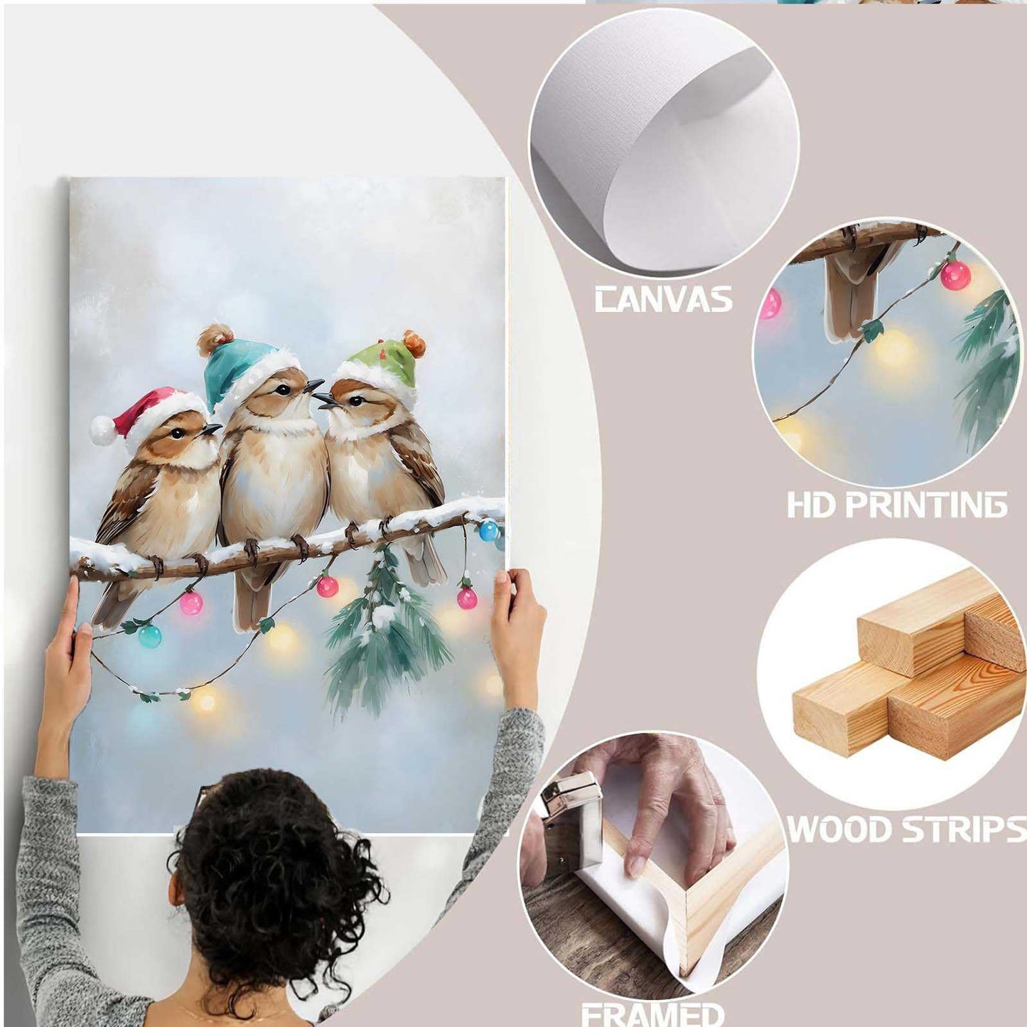 Framed Canvas Wall Art Christmas Birds Winter Art Print Wall Art Holiday Poster Trendy Christmas Decor 8x12in Wood Framed