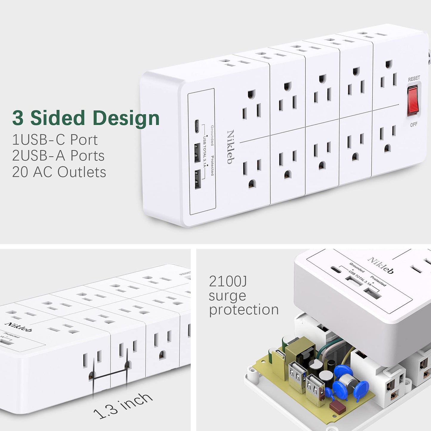 Power Strip 23 in 1, 20 Outlets Surge Protector Wall Mount with 2 USB+1 USB C Ports, Multi Plug Extension Cord 6ft Heavy Duty, Accessories for Gaming, Studio, Home, Office, Desk Organizers