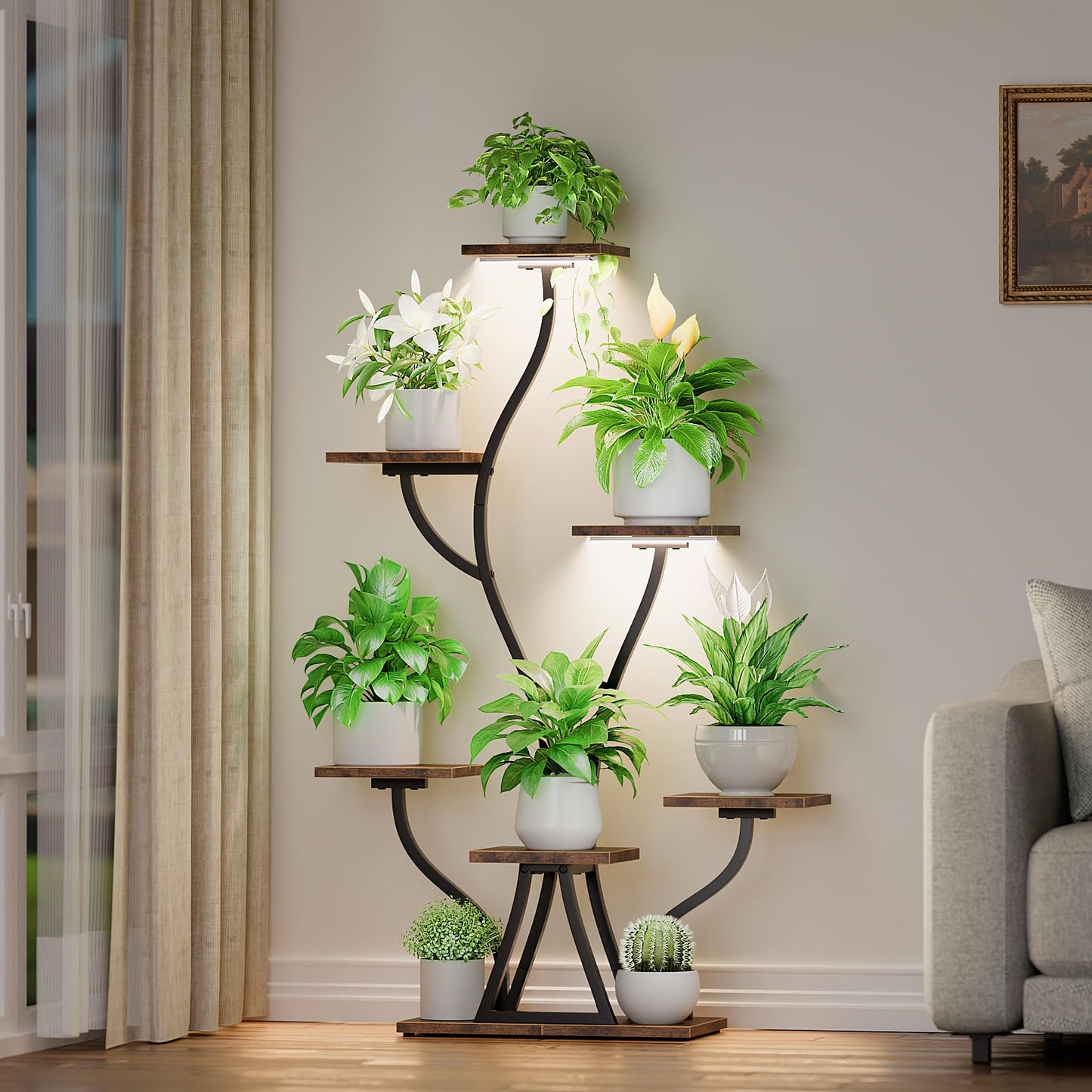 Plant Stand Indoor with Grow Lights, 7 Tiered Indoor Plant Shelf, Corner Plant Stands for Indoor Plants, Metal Plant Shelf Flower Display, Seaweed-Shaped Plant Rack for Living Room, Patio, Black