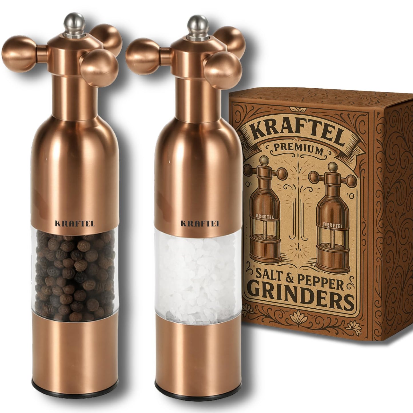 KRAFTEL Premium 8" Salt and Pepper Grinder 2PK. Large Peppermill - Refillable, Adjustable Coarse, Antique Stainless Steel Spice Shaker. Clear Acrylic aesthetic - Cute Copper Color Kitchen Gift for Mom