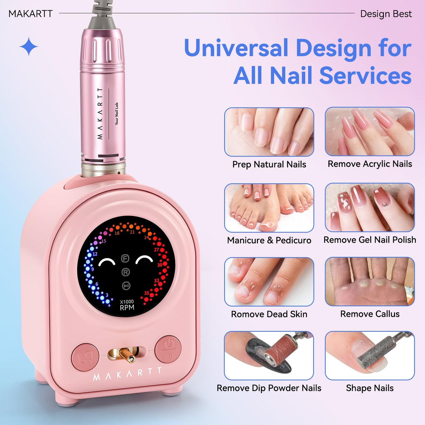 Makartt Electric Nail Drill - 35000RPM Rechargeable Efile with Coreless Motor, Nouvella Portable Nail Filer Machine for Acrylic Gel Removal with Drill Bits Set, Black